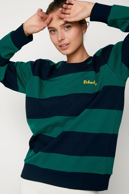 Embroidered Rebody Rugby Striped Sweatshirt Sustainable-Clothing - Women-rebody-XS-Navy/Green-Urbanheer