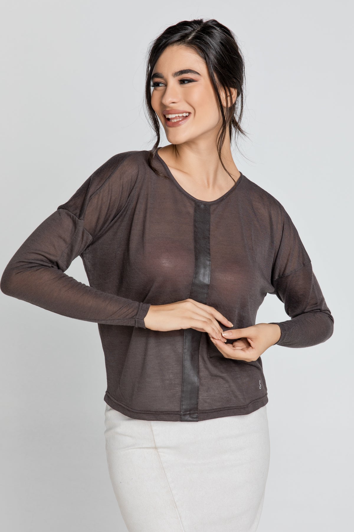 Dark Brown Top With Faux Leather Detail-Tops-Conquista-L-Urbanheer