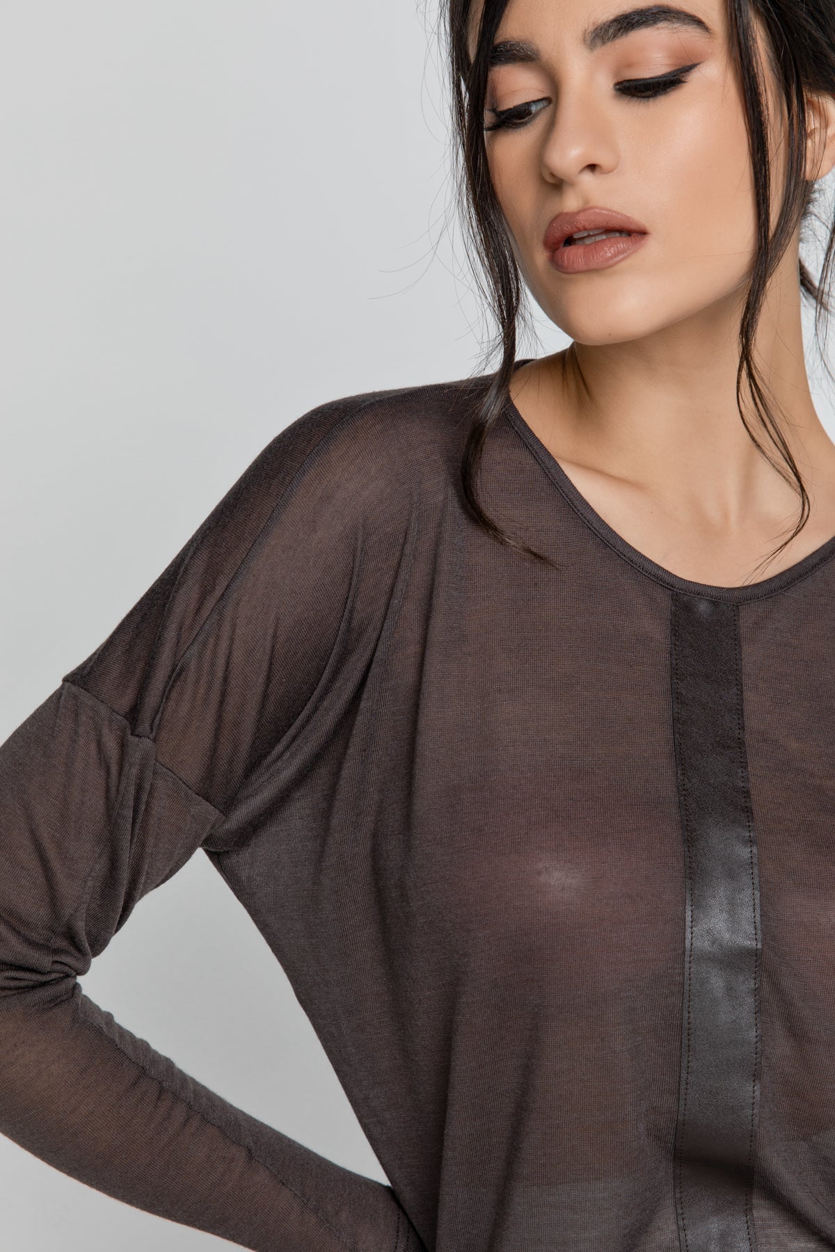 Dark Brown Top With Faux Leather Detail-Tops-Conquista-L-Urbanheer