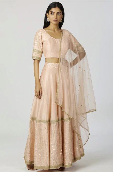 Chanderi Silk Lehenga Set In Peach-Bohame-Urbanheer