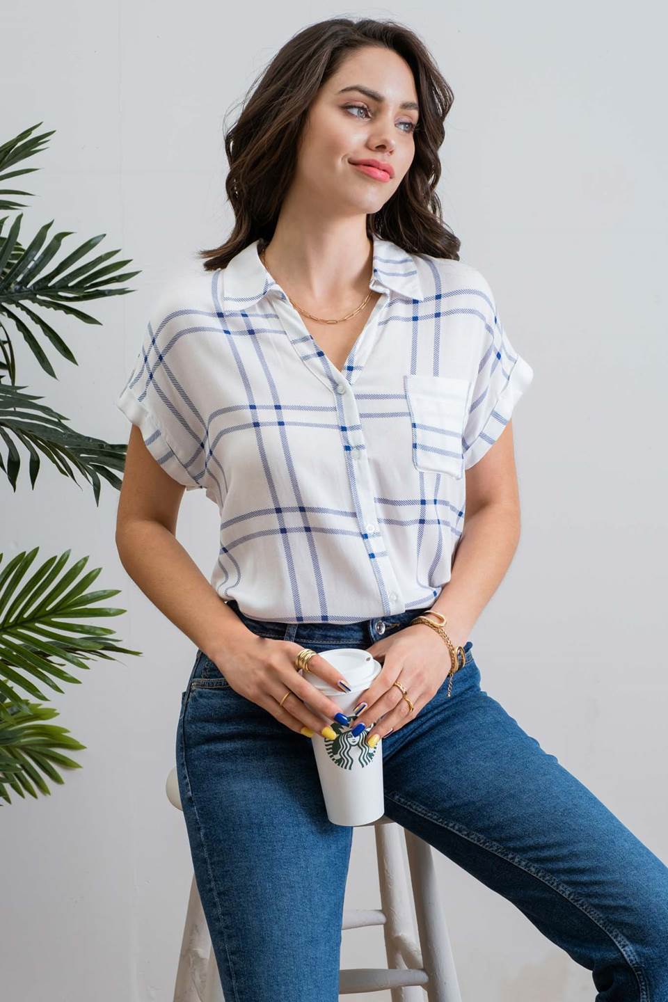 Rolled Short Sleeve Woven Top-Blu Pepper-Urbanheer