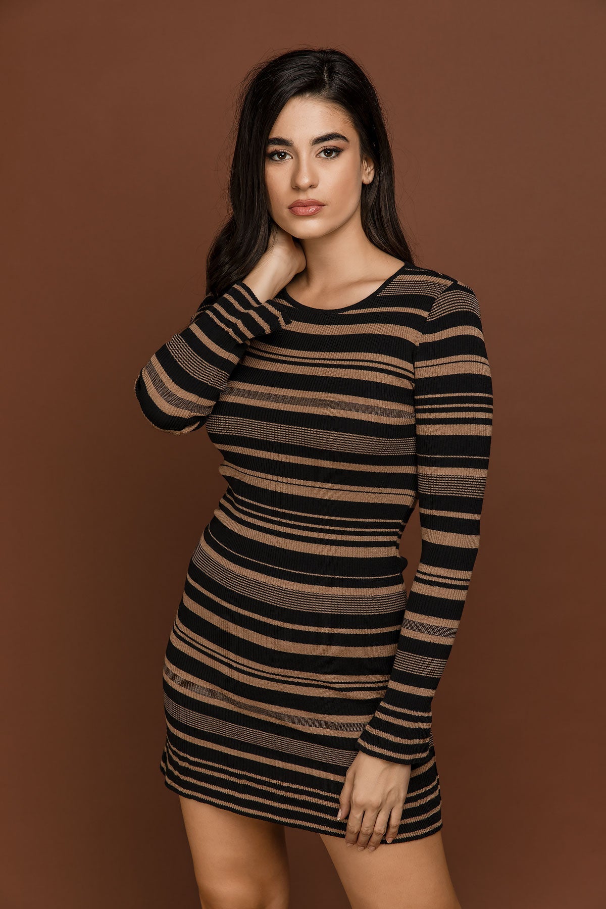 Striped Knit Camel Dress By Si Fashion-Dresses-Conquista-ONESIZE-Urbanheer