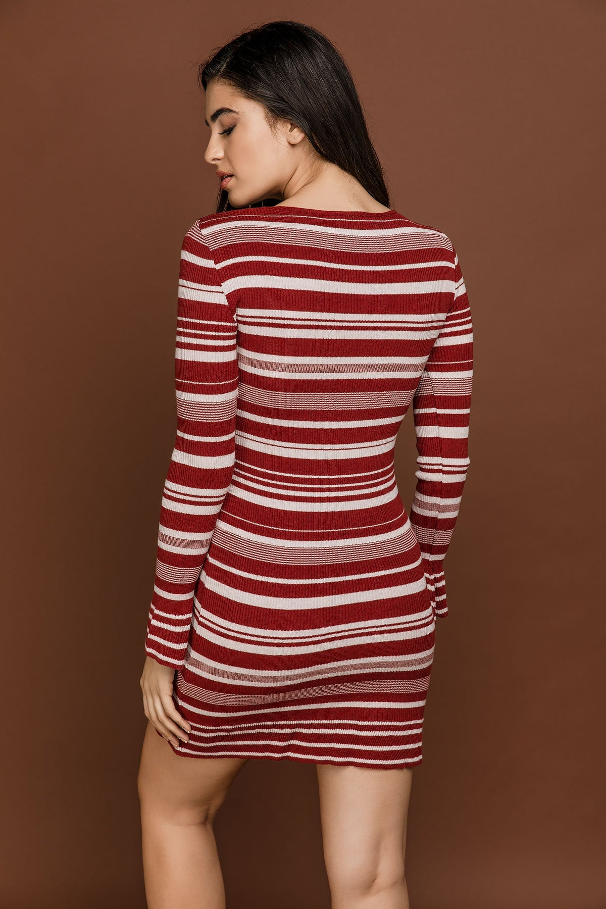 Striped Knit Burgundy Dress By Si Fashion-Dresses-Conquista-ONESIZE-Urbanheer