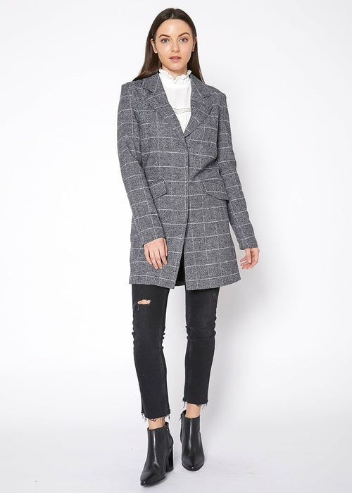 Women'S Notch Collar Longline Jacket In Paprika-Lemon Hera-L-Grey Plaid-Urbanheer