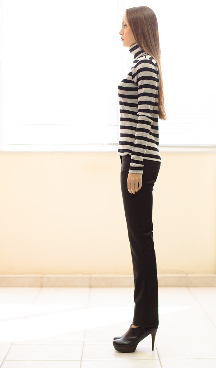 Striped Black And Grey Polo Neck Top Black-Tops-Conquista-S-Urbanheer