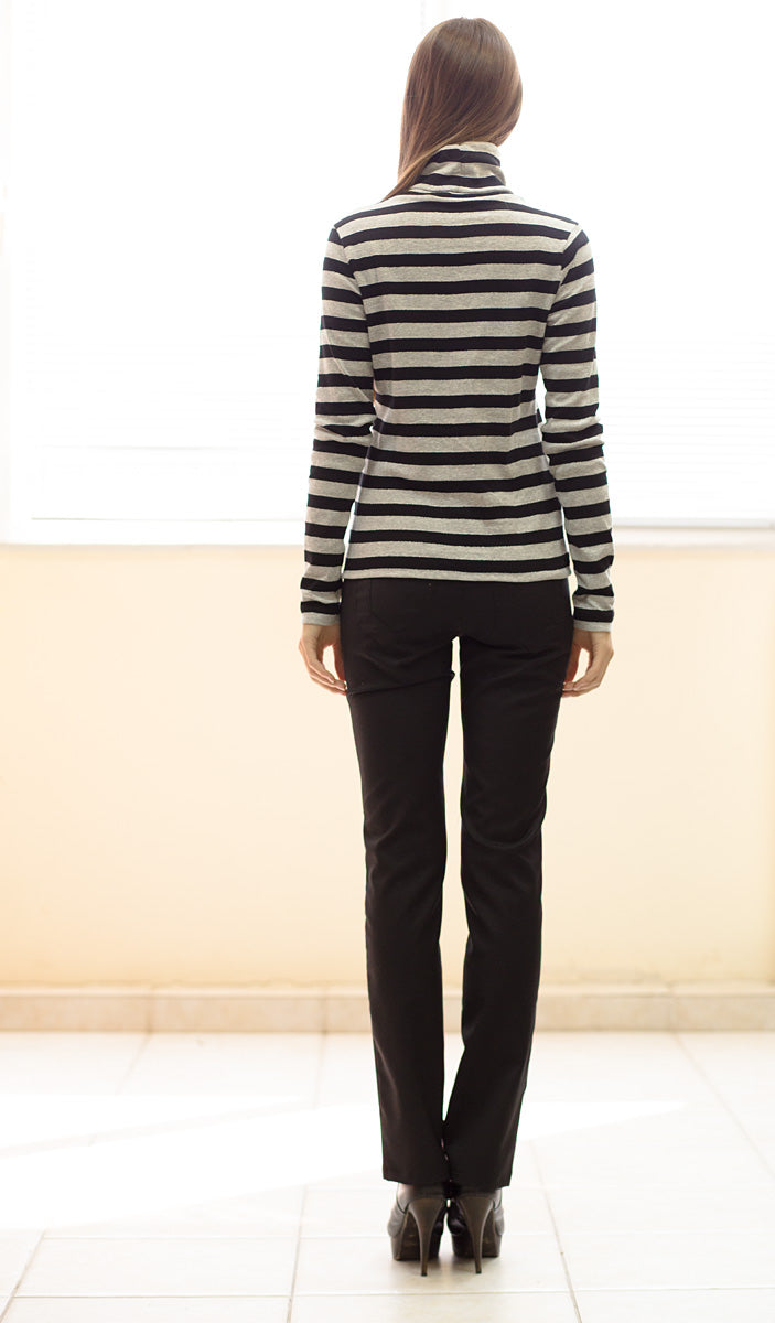 Striped Black And Grey Polo Neck Top Black-Tops-Conquista-S-Urbanheer