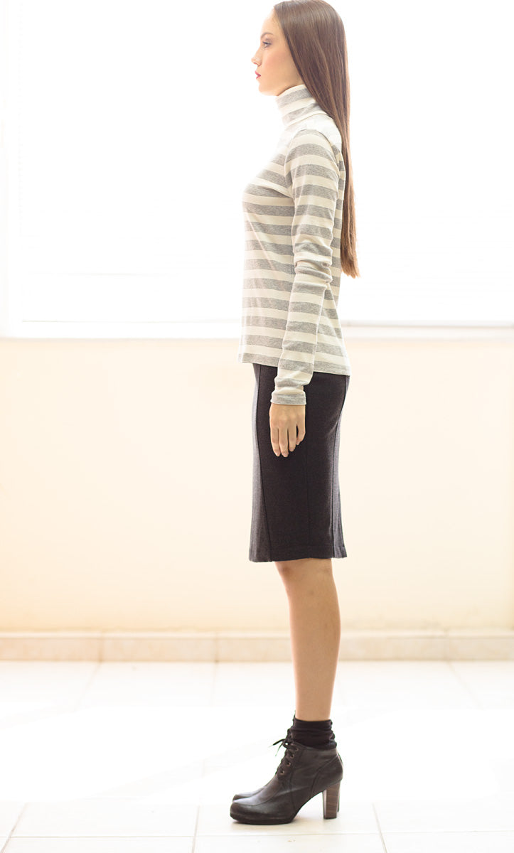 Striped Ecru And Grey Polo Neck Top-Conquista-Urbanheer