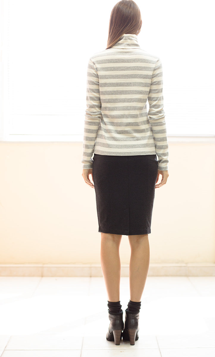 Striped Ecru And Grey Polo Neck Top-Conquista-Urbanheer