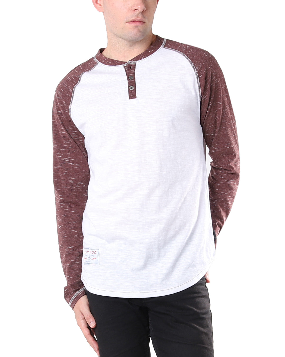 Zimego Men’s Long Sleeve Athletic Stripes Arm Contrast Raglan Henley Large / Maroon / Black