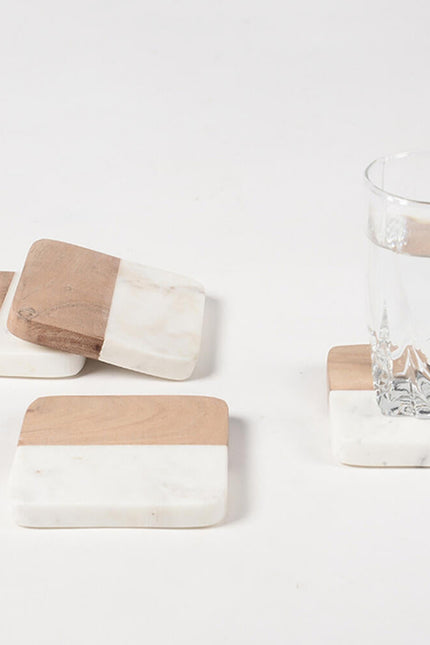 Hand Cut Marble & Wood Coasters (Set Of 4)-Qalara-Urbanheer