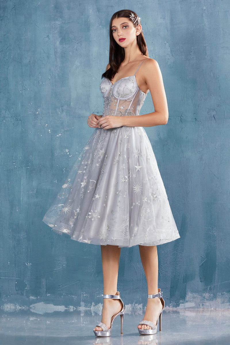 Constellation Corset Tulle A-Line Sheer Bodice Midi Cocktail Dress CDA0823-CIND-Urbanheer