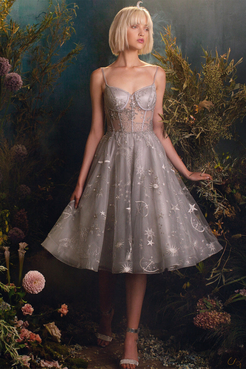 Constellation Corset Tulle A-Line Sheer Bodice Midi Cocktail Dress CDA0823-CIND-4-SILVER-Urbanheer