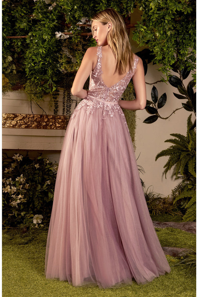 Plus Size Sade Lace Tulle Vintage Floral V-Neck Bodice Pointy Open Back Long Prom Dress Cda1045C-Prom Dress-CIND-18-NUDE-MAUVE-Urbanheer