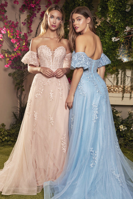 Strapless Willow Embroidered V-Neck Bodice With Puff Sleeves A-Line Floral Prom & Bridesmaid Dress Cda1046-Prom Dress-CIND-2-BLUSH-Urbanheer