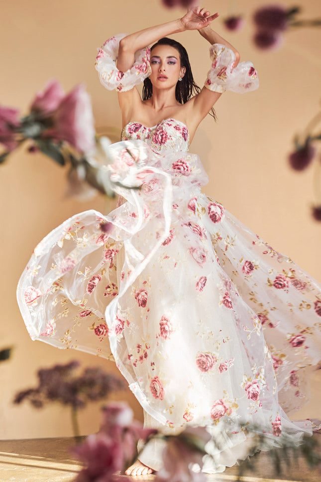 STRAPLESS ORGANZA PEONY PRINT BALL GOWN CDA1133-CIND-Urbanheer