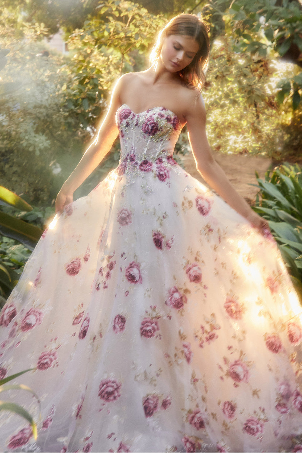 STRAPLESS ORGANZA PEONY PRINT BALL GOWN CDA1133-CIND-Urbanheer