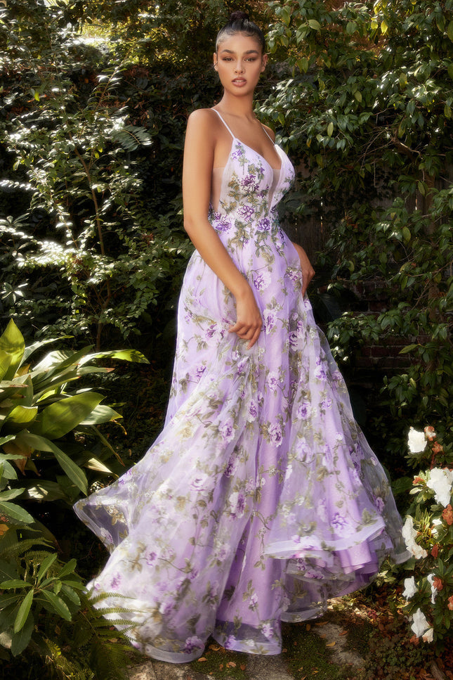 Lisianthus Printed Organza A-Line Cute V-Neck Formal Floral Violet Bodice Prom & Gala Dress Cda1135-CIND-Urbanheer