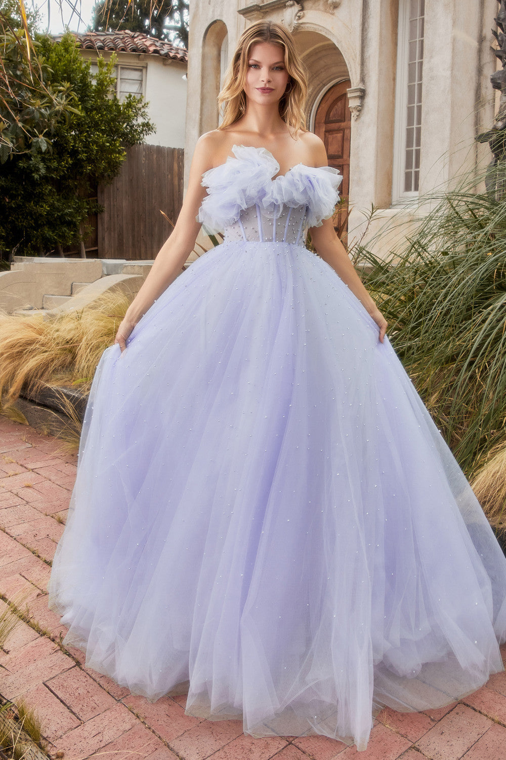 Gathered Tulle Pearl Strapless Open Back Long Ball Gown Cda1199-CIND-10-BLUE-Urbanheer