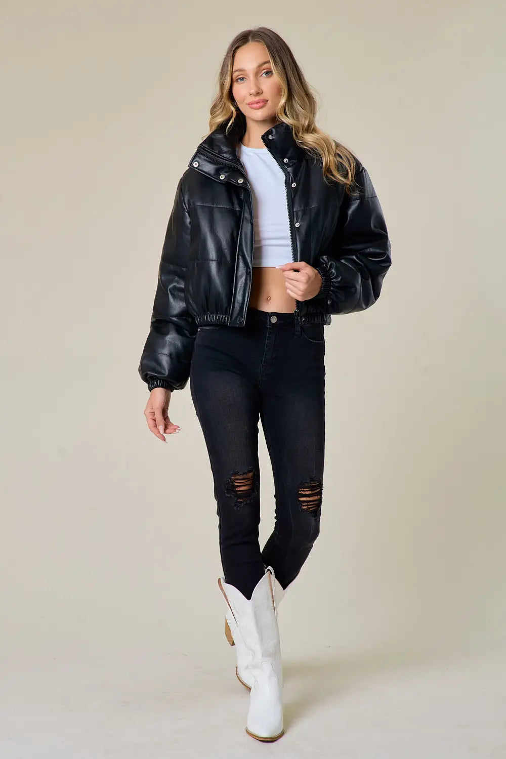 Black Leather Puffer Jacket-Saints & Hearts-Urbanheer