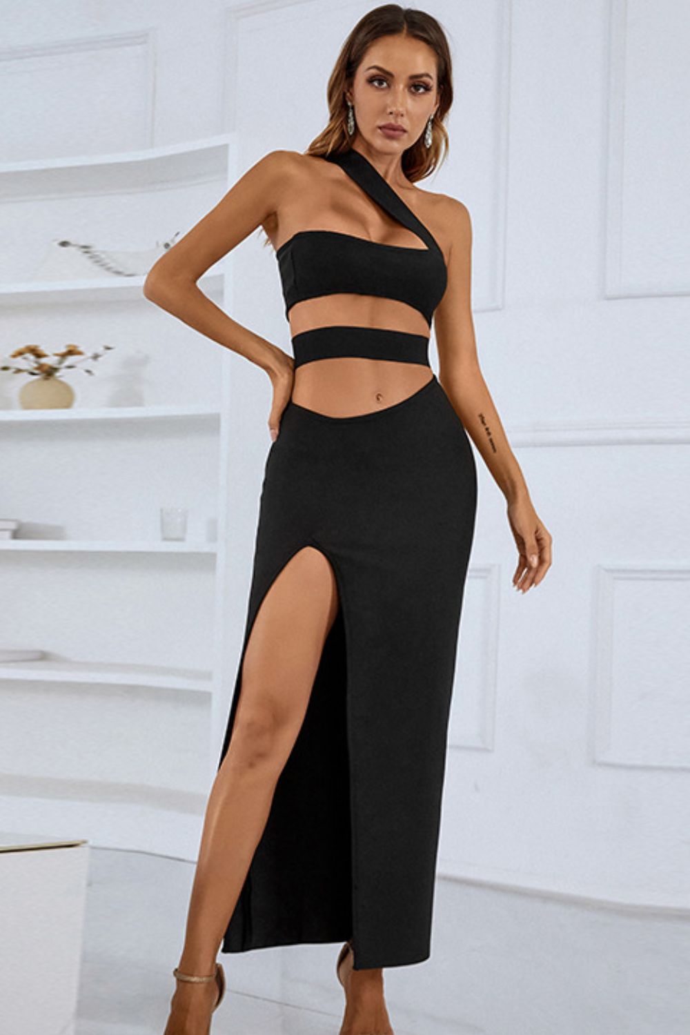 One-Shoulder Cutout Front Split Maxi Dress-UHX-Black-S-Urbanheer