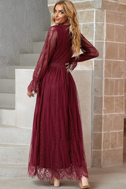 Scalloped Hem Flounce Sleeve Lace V-Neck Maxi Dress-Collab-Urbanheer