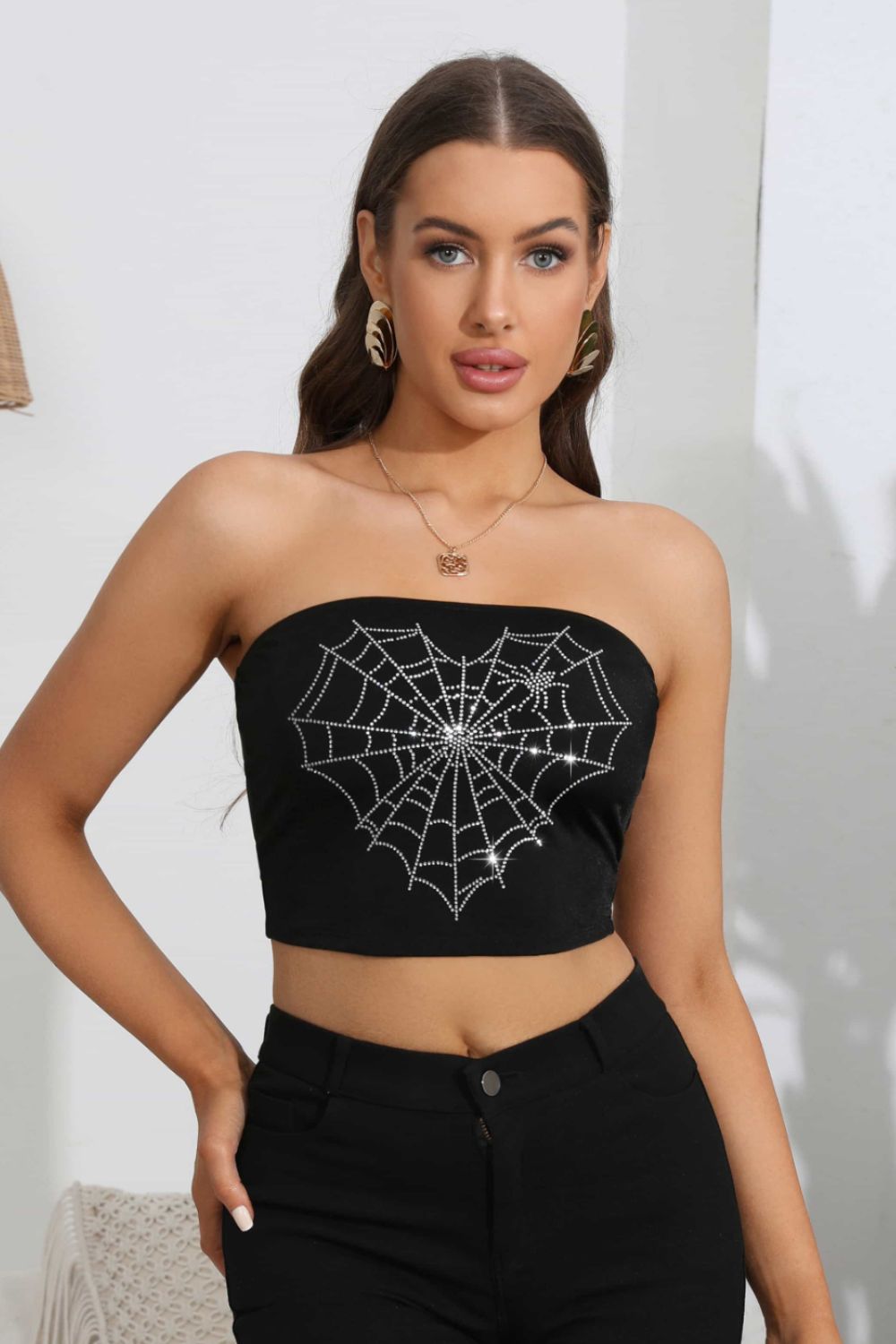 Heart Spider Web Graphic Tube Top-UHX-Black-S-Urbanheer