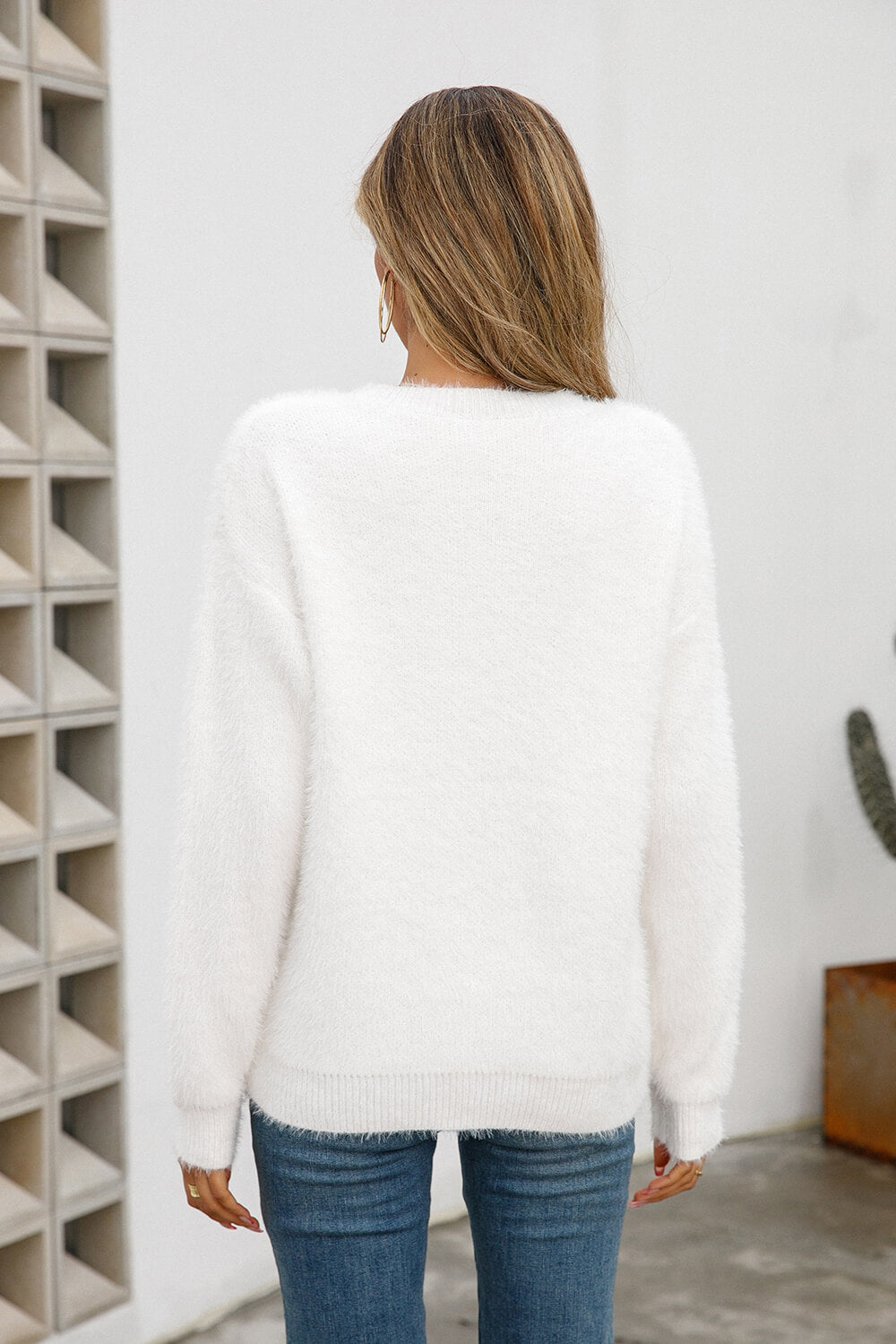 Dropped Shoulder Round Neck Fuzzy Sweater-UHX-Urbanheer