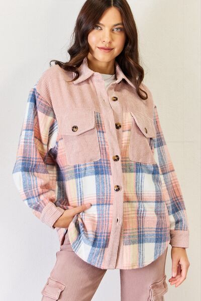 J.Nna Plaid Colorblock Button Down Jacket-UHX-Pink-S-Urbanheer