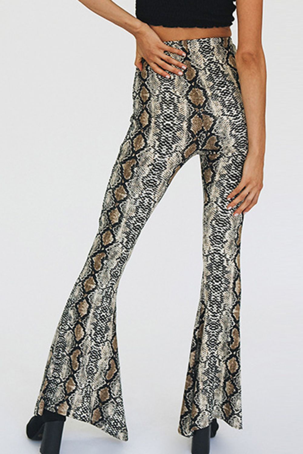 Snakeskin Print Flare Pants-UHX-Urbanheer