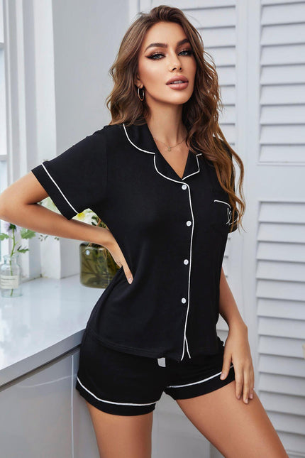 Heart Graphic Contrast Piping Top And Shorts Pajama Set-Collab-Urbanheer