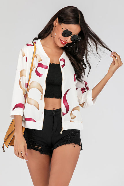 Printed Zip-Up Three-Quarter Sleeve Bomber Jacket-Collab-Urbanheer