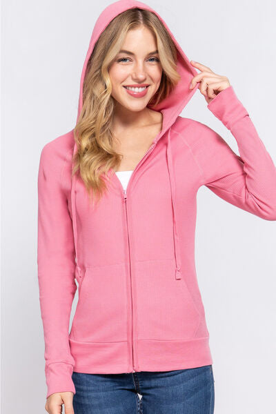 Active Basic Waffle Knit Drawstring Zip Up Long Sleeve Hoodie-UHX-DEEP PINK-S-Urbanheer