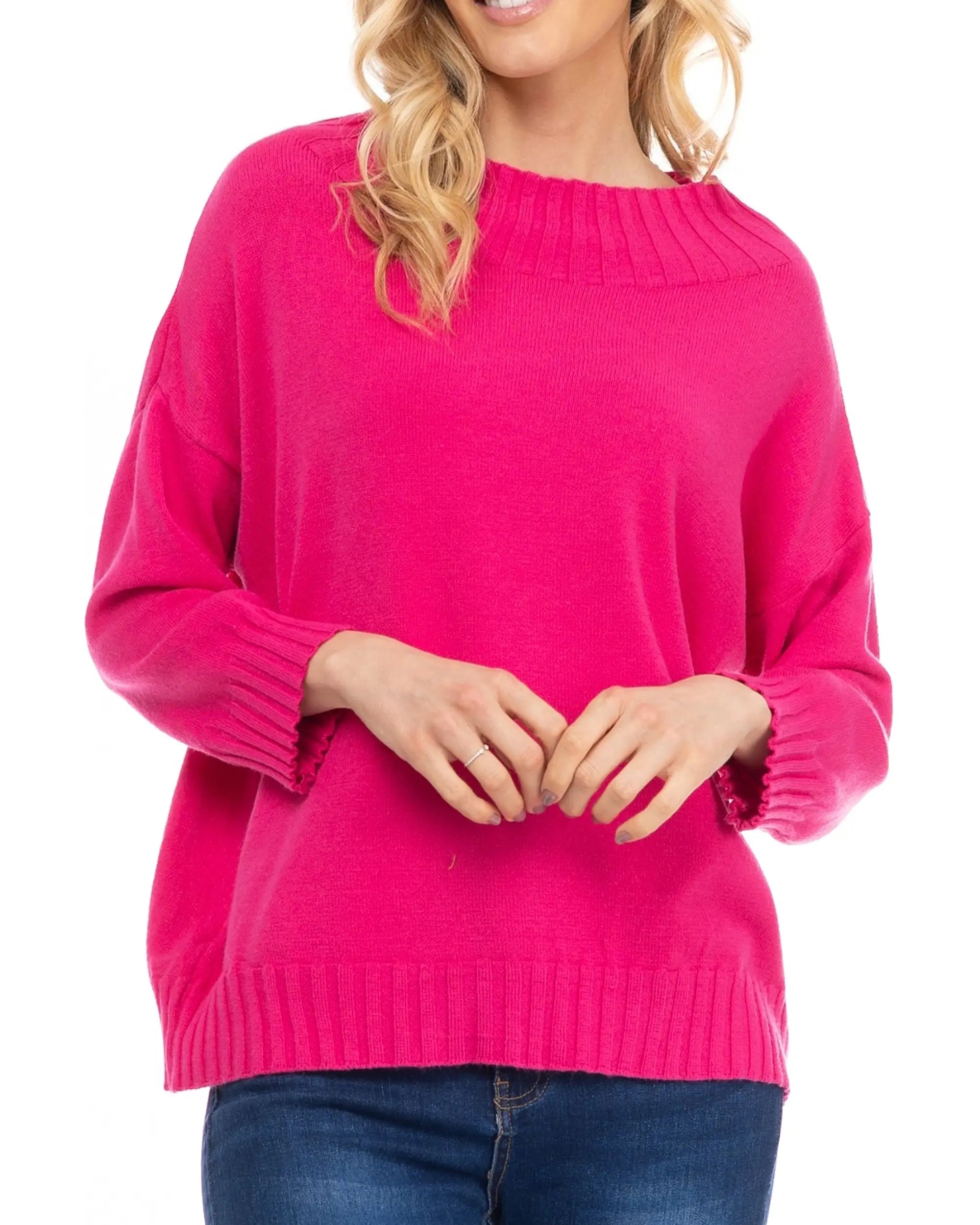 Fuchsia Knitted Sweater With Perkins Collar & French Sleeves.-Tantra-Urbanheer