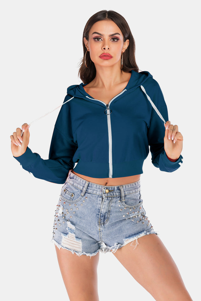 Side Stripe Drawstring Cropped Hooded Jacket-Collab-Indigo-S-Urbanheer