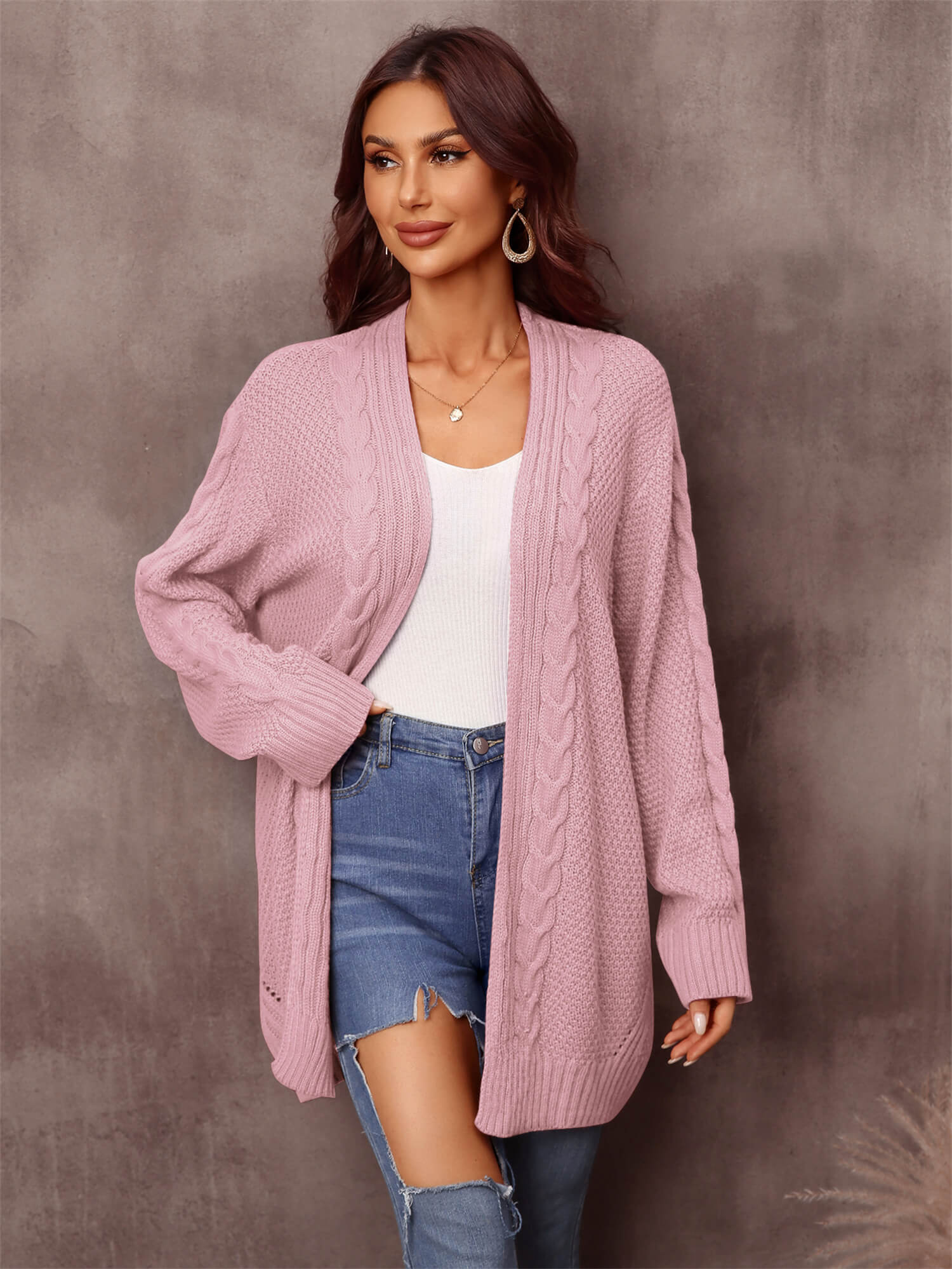 Warm Fall Mixed Knit Open Front Longline Cardigan-UHX-Pink-S-Urbanheer