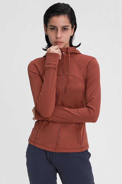 Zip Up Drawstring Detail Hooded Sports Jacket-UHX-Rust-4-Urbanheer