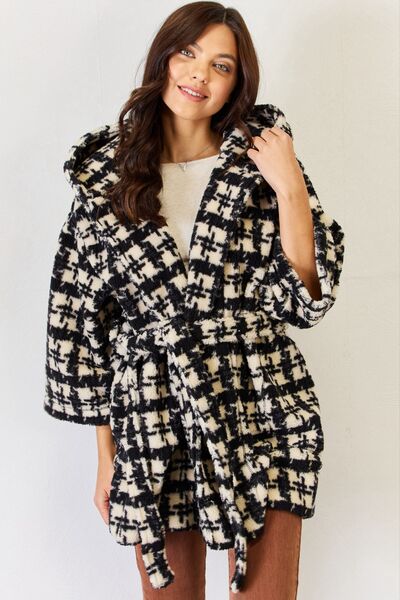 J.Nna Fuzzy Plaid Waist Tie Hooded Robe Cardigan-UHX-Urbanheer