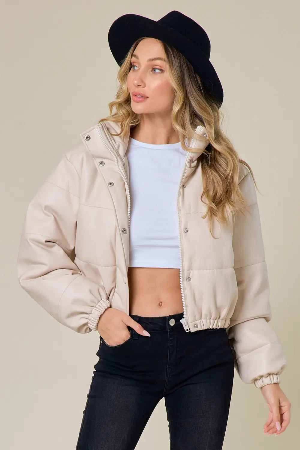 Cream Leather Puffer Jacket-Saints & Hearts-Urbanheer