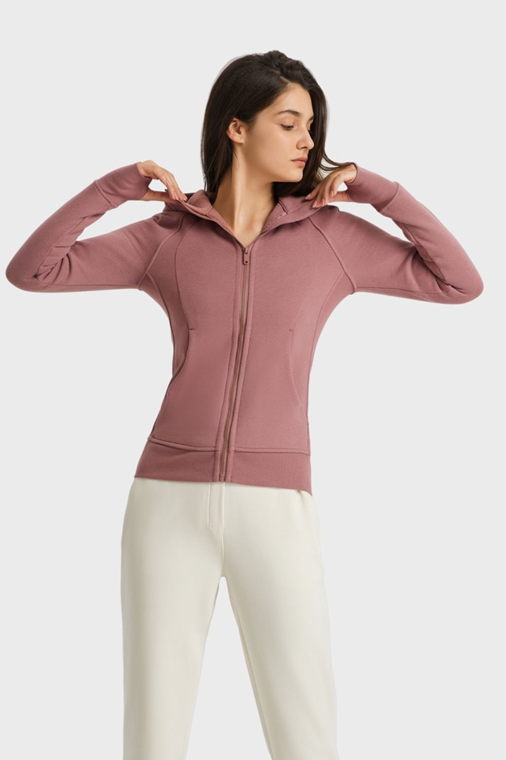 Zip Up Seam Detail Hooded Sports Jacket-UHX-Dusty Pink-4-Urbanheer