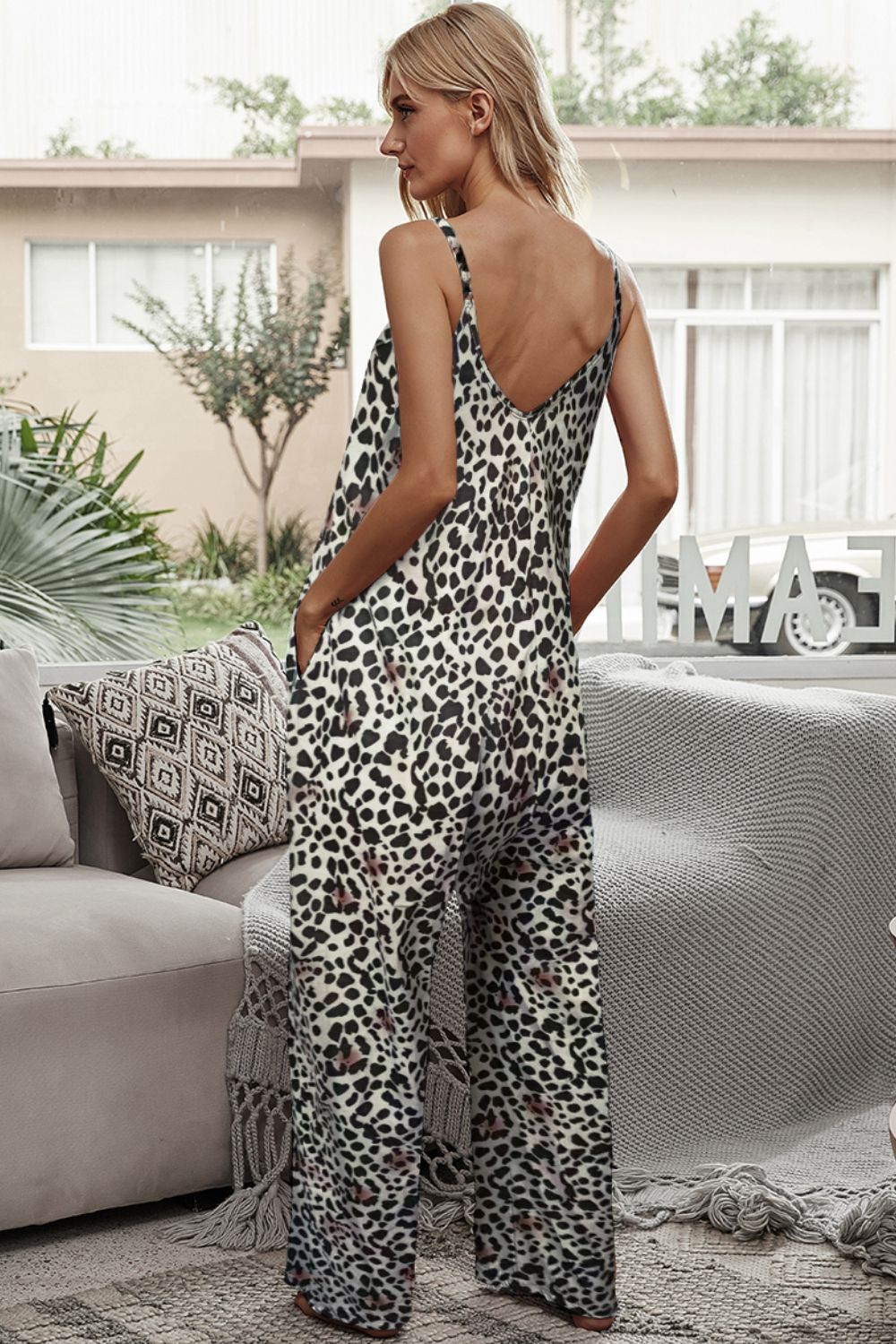 Animal Print Spaghetti Strap Jumpsuit with Pockets-UHX-Urbanheer