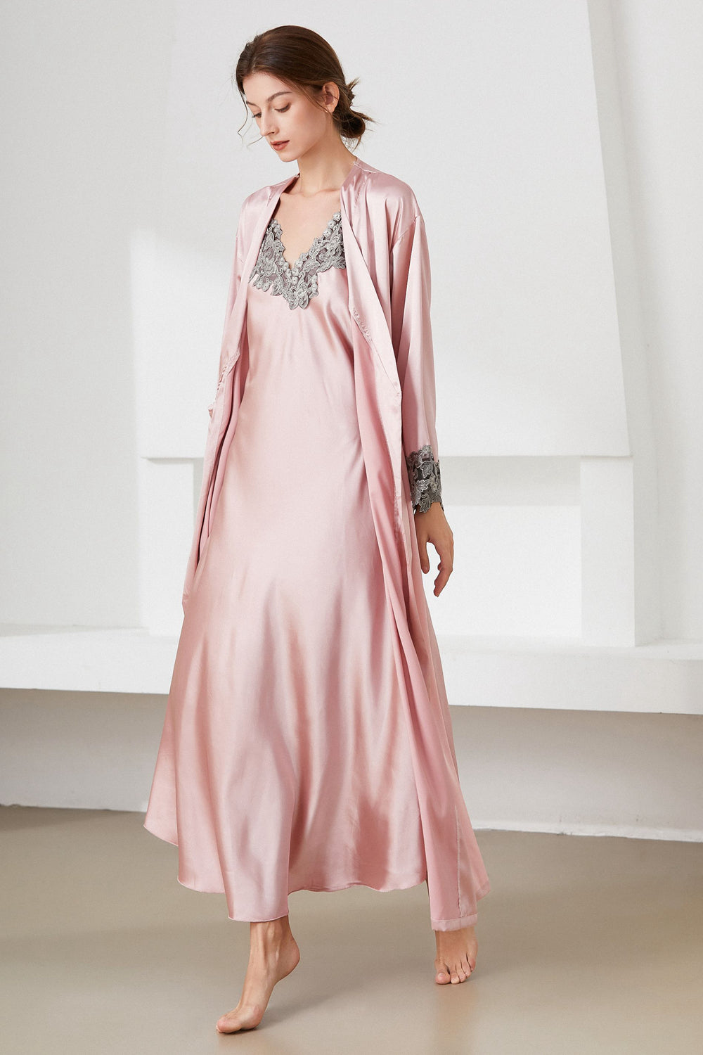 Contrast Lace Trim Satin Night Dress And Robe Set – Urbanheer