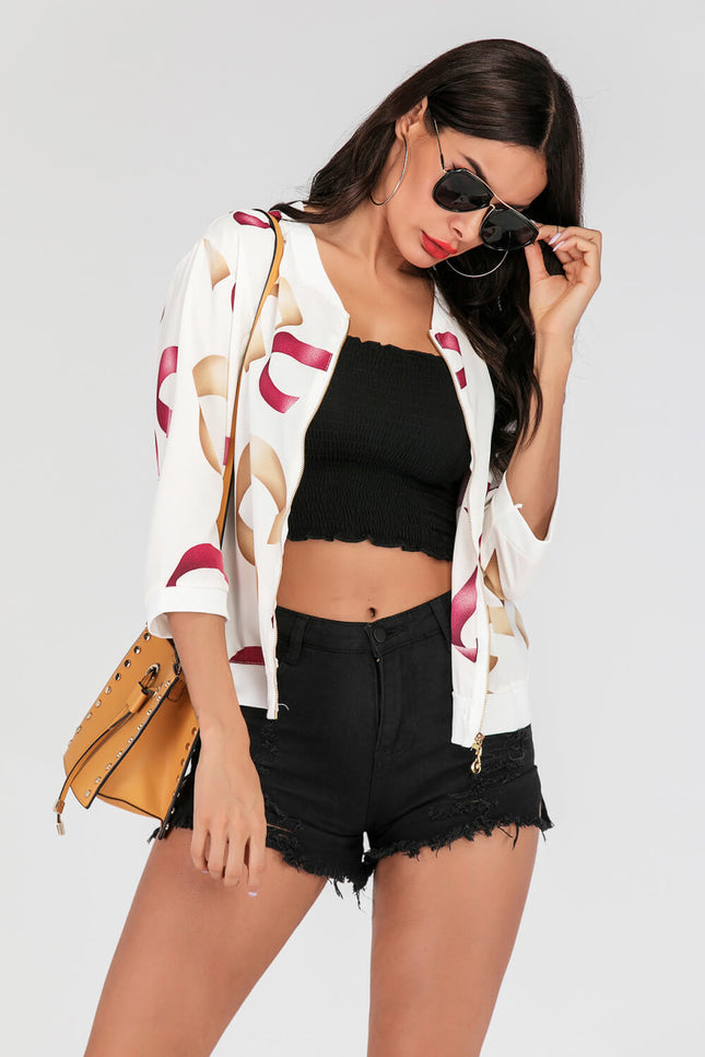 Printed Zip-Up Three-Quarter Sleeve Bomber Jacket-Collab-Urbanheer