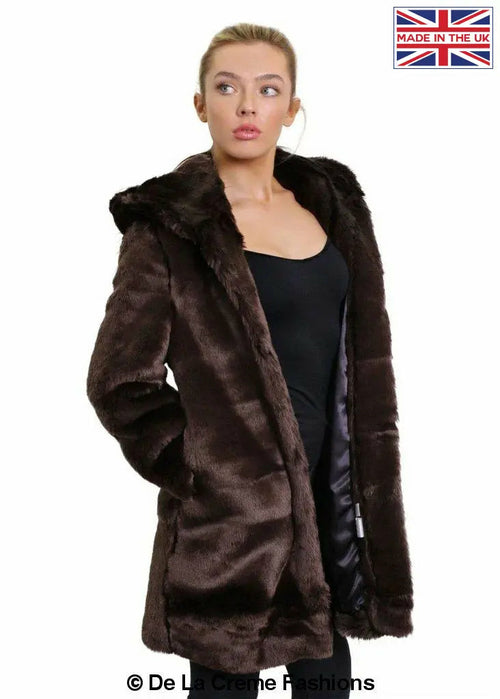 De La Creme - Women'S Luxury Faux Fur Jacket Ladies Hooded Winter Coat-Rose Eleusis-UK 10/EU 38/US 6-Brown-Urbanheer