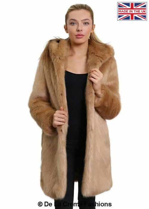 De La Creme - Women'S Luxury Faux Fur Jacket Ladies Hooded Winter Coat-Rose Eleusis-UK 10/EU 38/US 6-Camel-Urbanheer