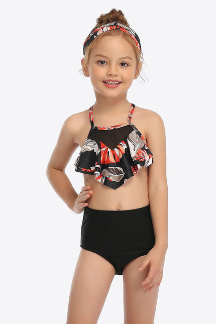 Botanical Print Ruffled Two-Piece Swim Set-UHX-Black/Red-4T-Urbanheer