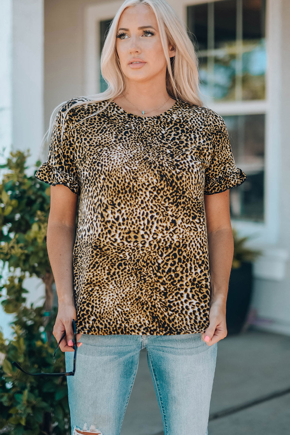 Women Leopard Short Flounce Sleeve Tee-UHX-Urbanheer