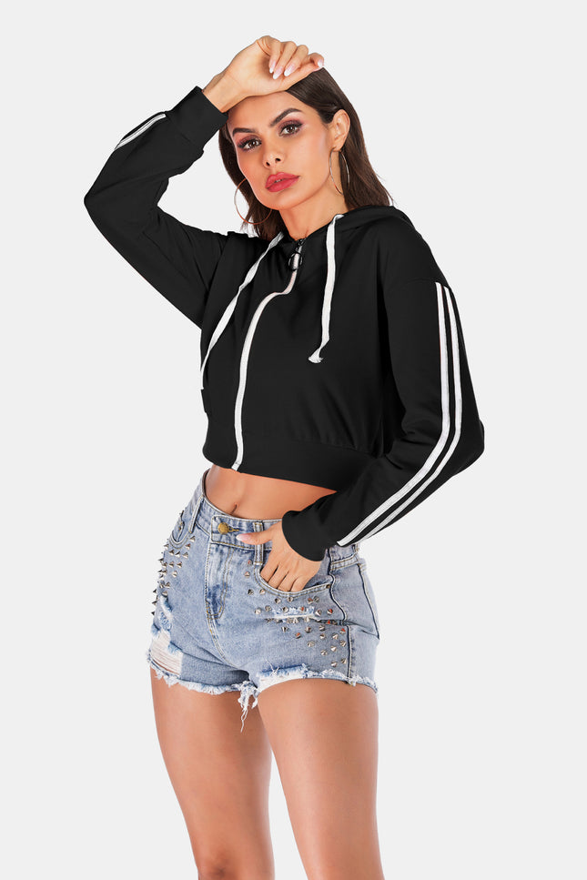 Side Stripe Drawstring Cropped Hooded Jacket-Collab-Urbanheer