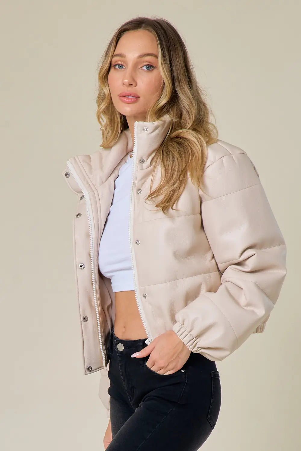 Cream Leather Puffer Jacket-Saints & Hearts-Urbanheer