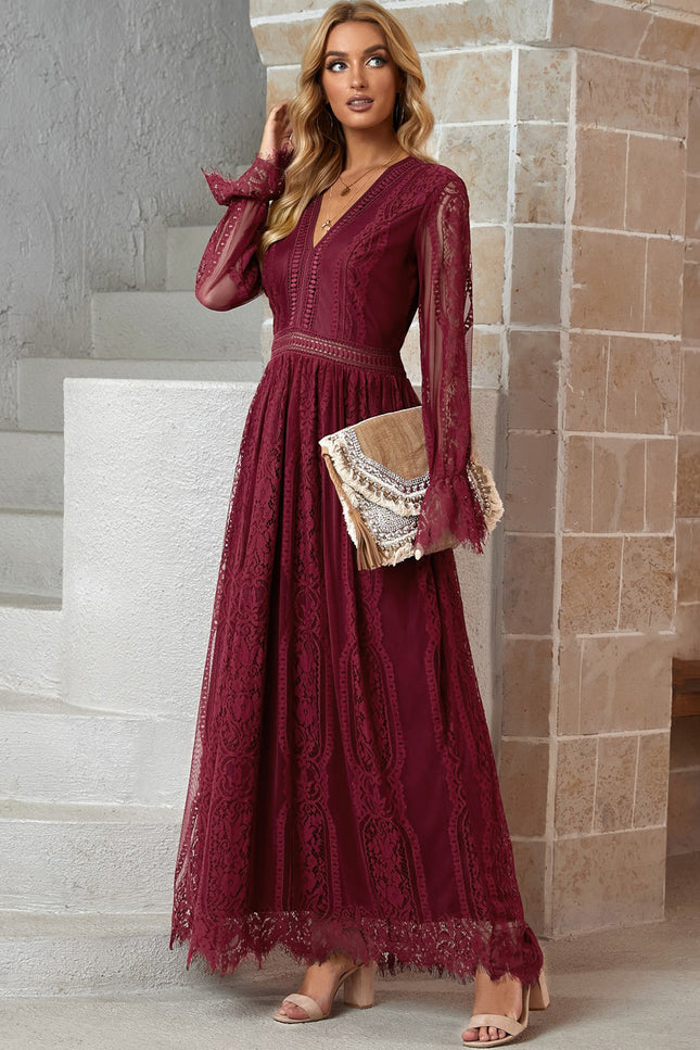 Scalloped Hem Flounce Sleeve Lace V-Neck Maxi Dress-Collab-Urbanheer