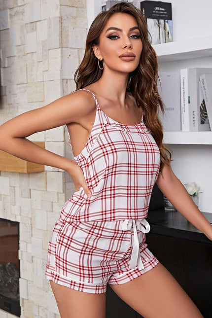 Plaid Cami And Tie-Front Shorts Pajama Set-Collab-Urbanheer